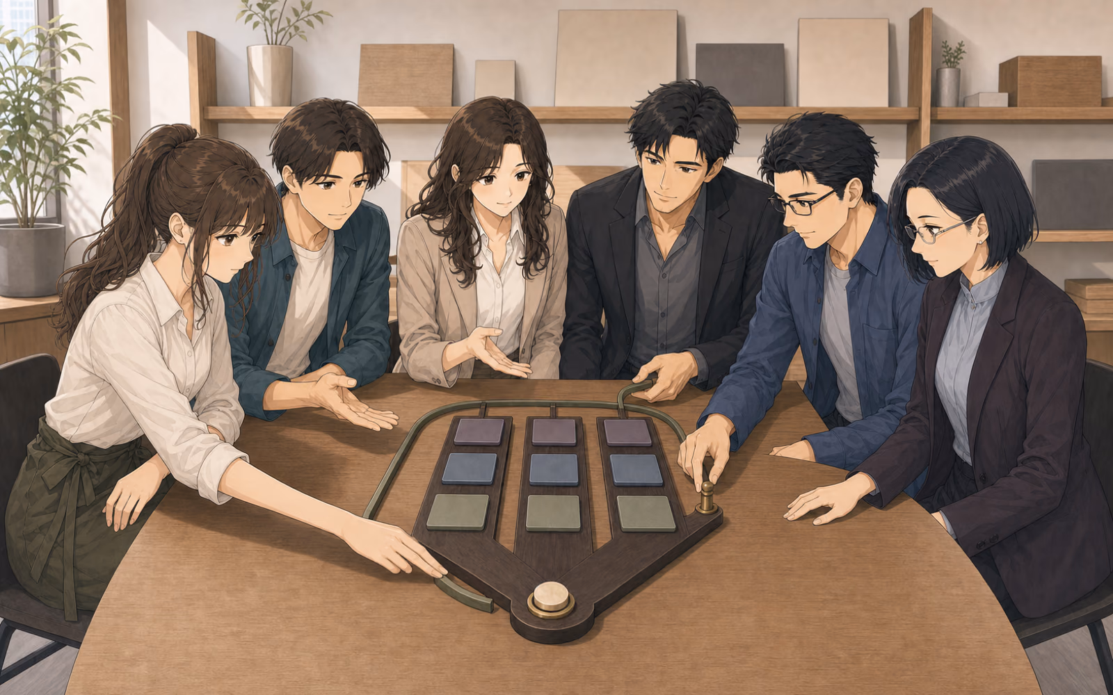 ノートブリッジ制作室で、カナエ、ソウタ、久世、片桐、江藤、徳永が、一つの商談場面から三つの同じ大きさの分岐と、短期・長期・解約リスクの結果札、戻って選び直す経路を組み立てる