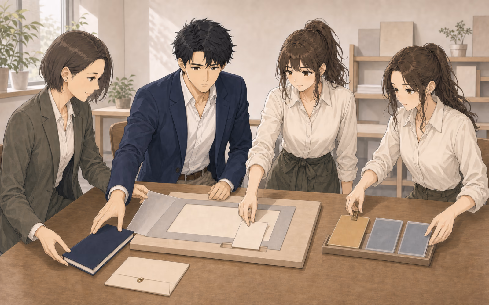 明日の商談ノート編集室で、柏木、ミナト、レン、久世の四人が、生成りの封筒と読者Aの赤字入り原稿、実際の結末と二つの仮想行動を分けたカードを囲む