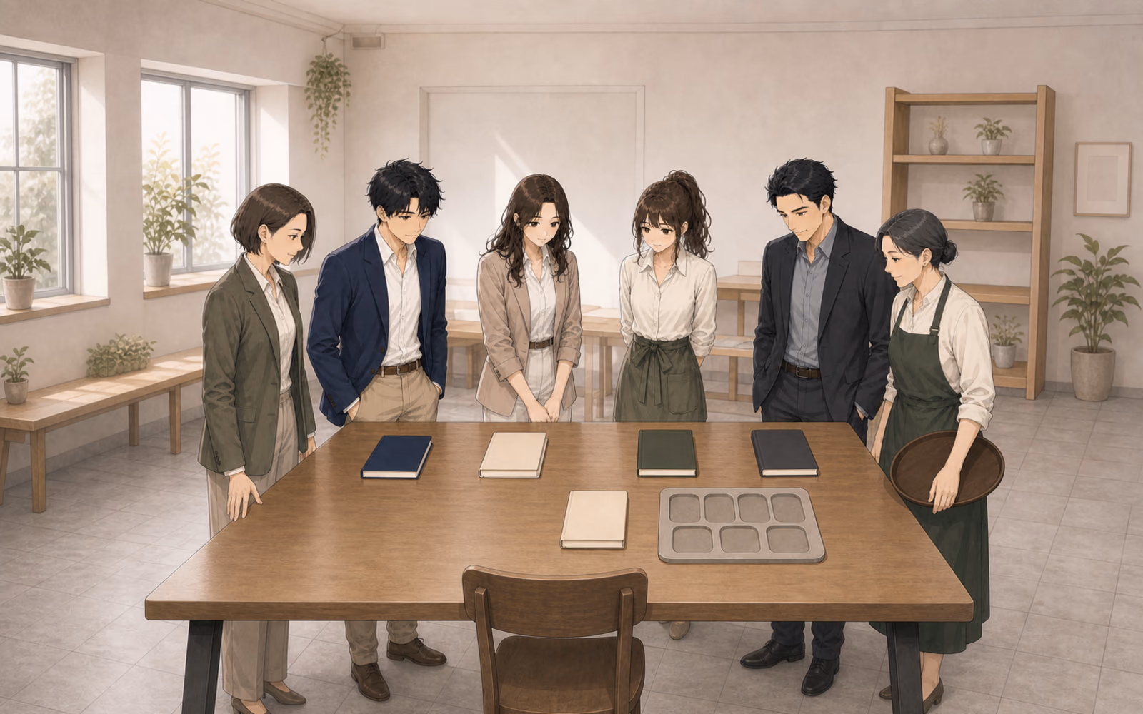 明日の商談ノート編集室で、ミナト、カナエ、レン、ソウタ、柏木、山城が、四冊の既存ノートと空席に置かれた読者の生成りの五冊目、その先の空白のケース台紙を囲む